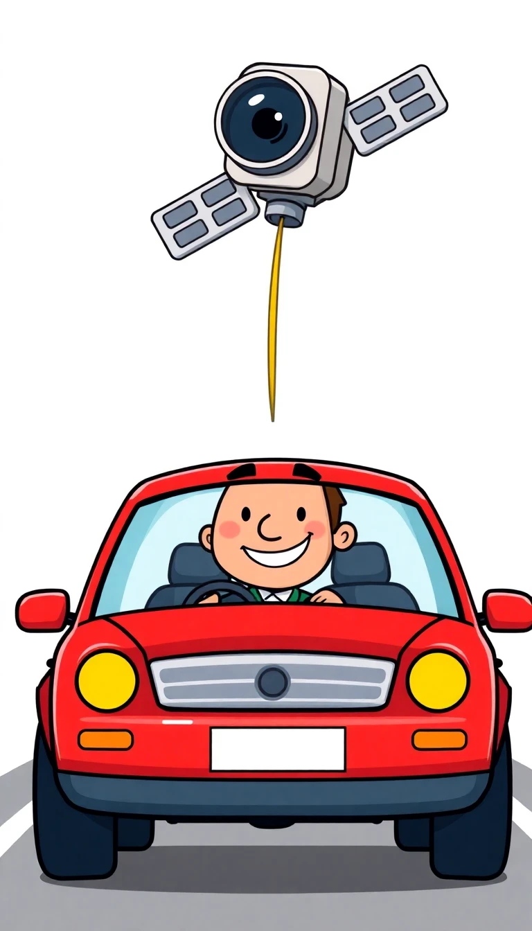 Comicfigur im Auto wird von Satellit beobachtet